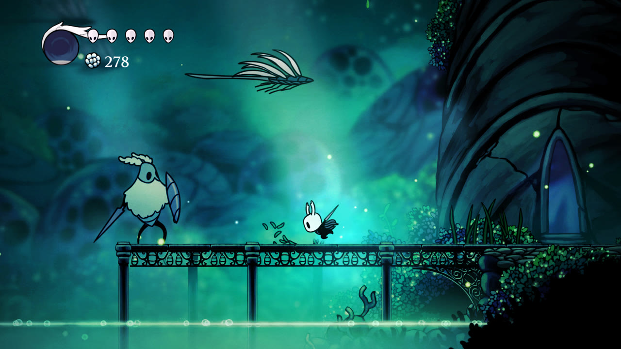 Hollow Knight gameplay: the Knight mid-leap across a stone bridge in the glowing teal depths of Greenpath