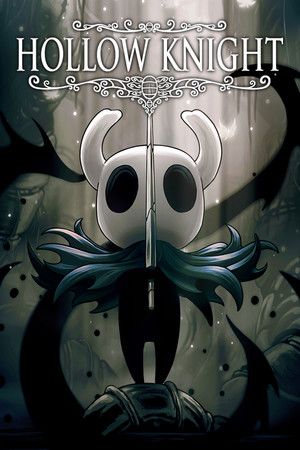 Hollow Knight cover art: the horned, masked Knight holding a nail against a shadowy, web-strewn cavern