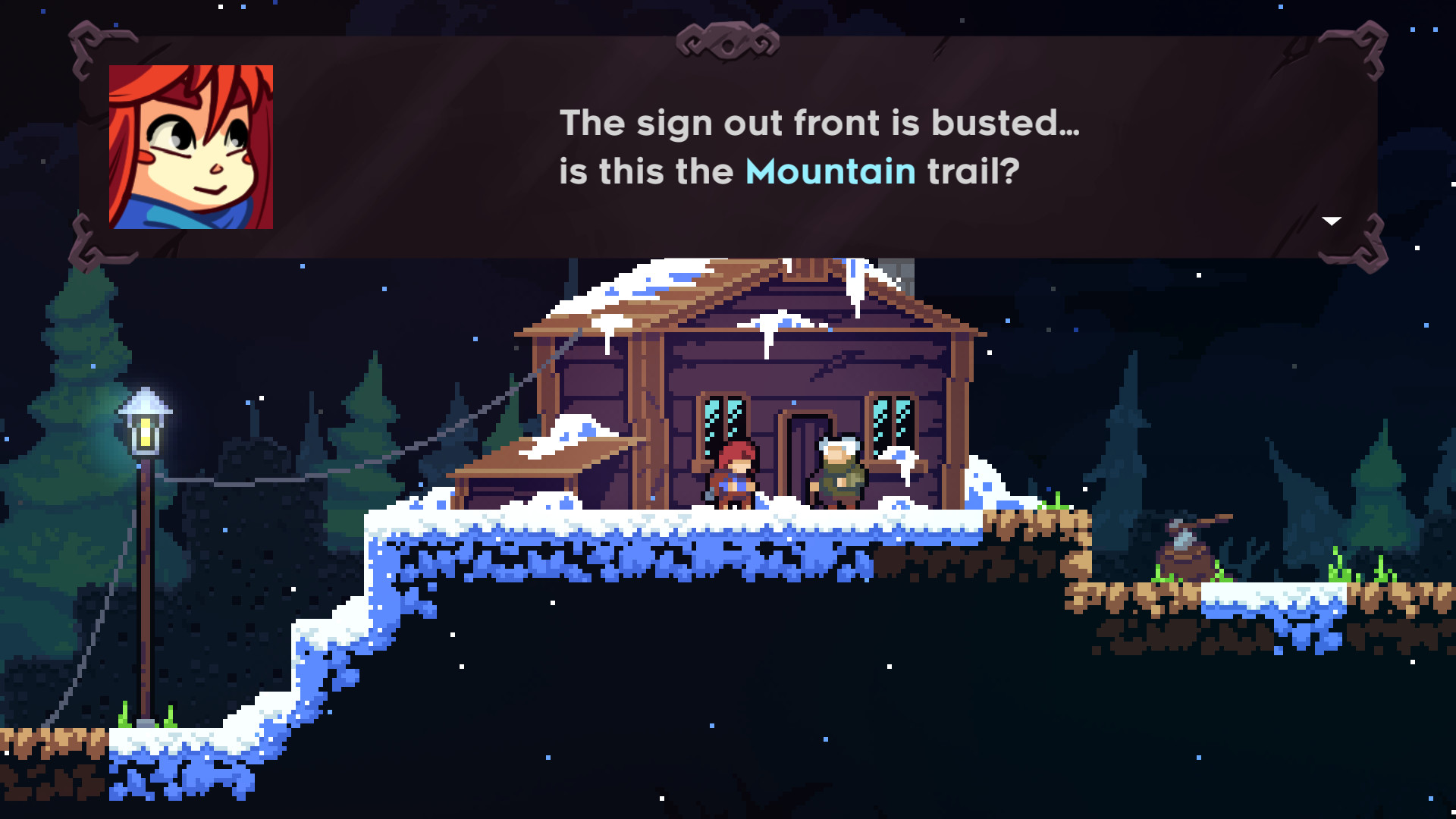Celeste opening: Madeline stands beside old Granny outside a snowed-in wooden cabin at the foot of the mountain, a dialogue box reading "The sign out front is busted... is this the Mountain trail?"
