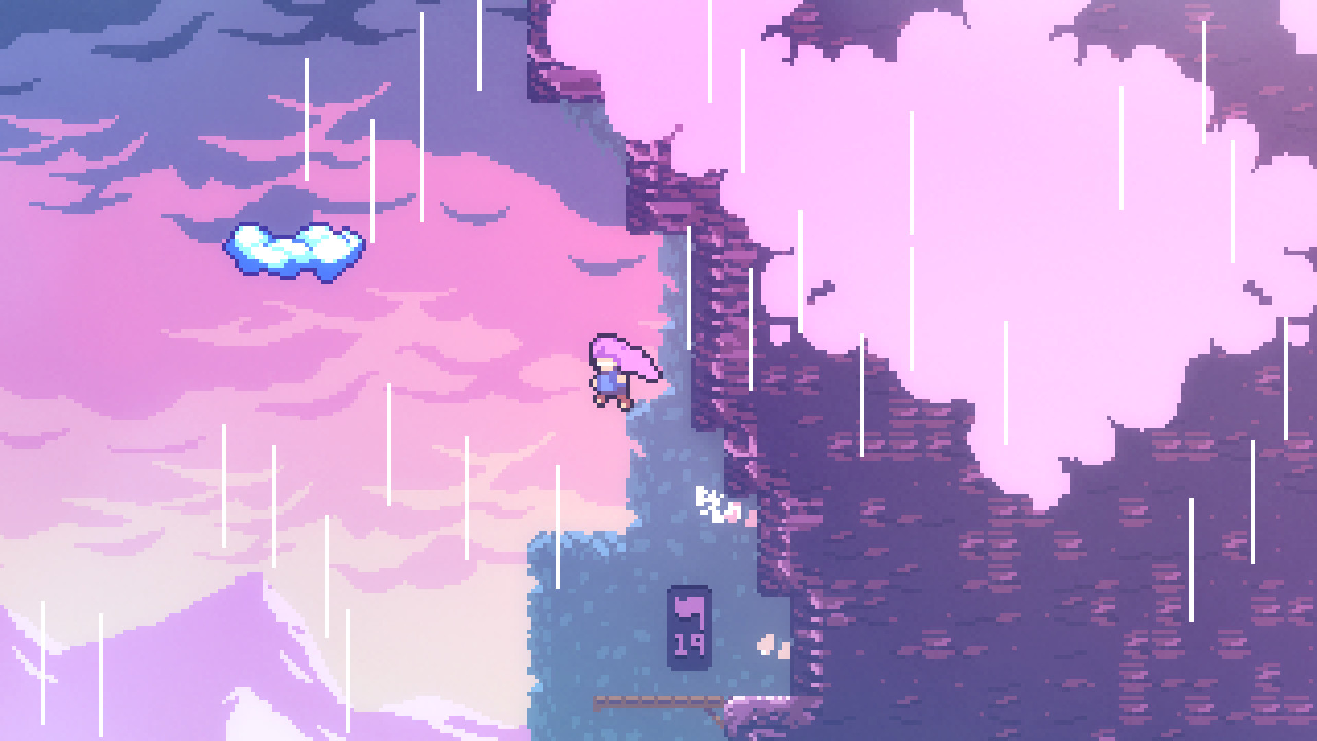 Celeste gameplay: Madeline mid-dash through a dreamlike pink and purple cloudscape streaked with falling rain, a strawberry counter reading 19 on the cliff below her