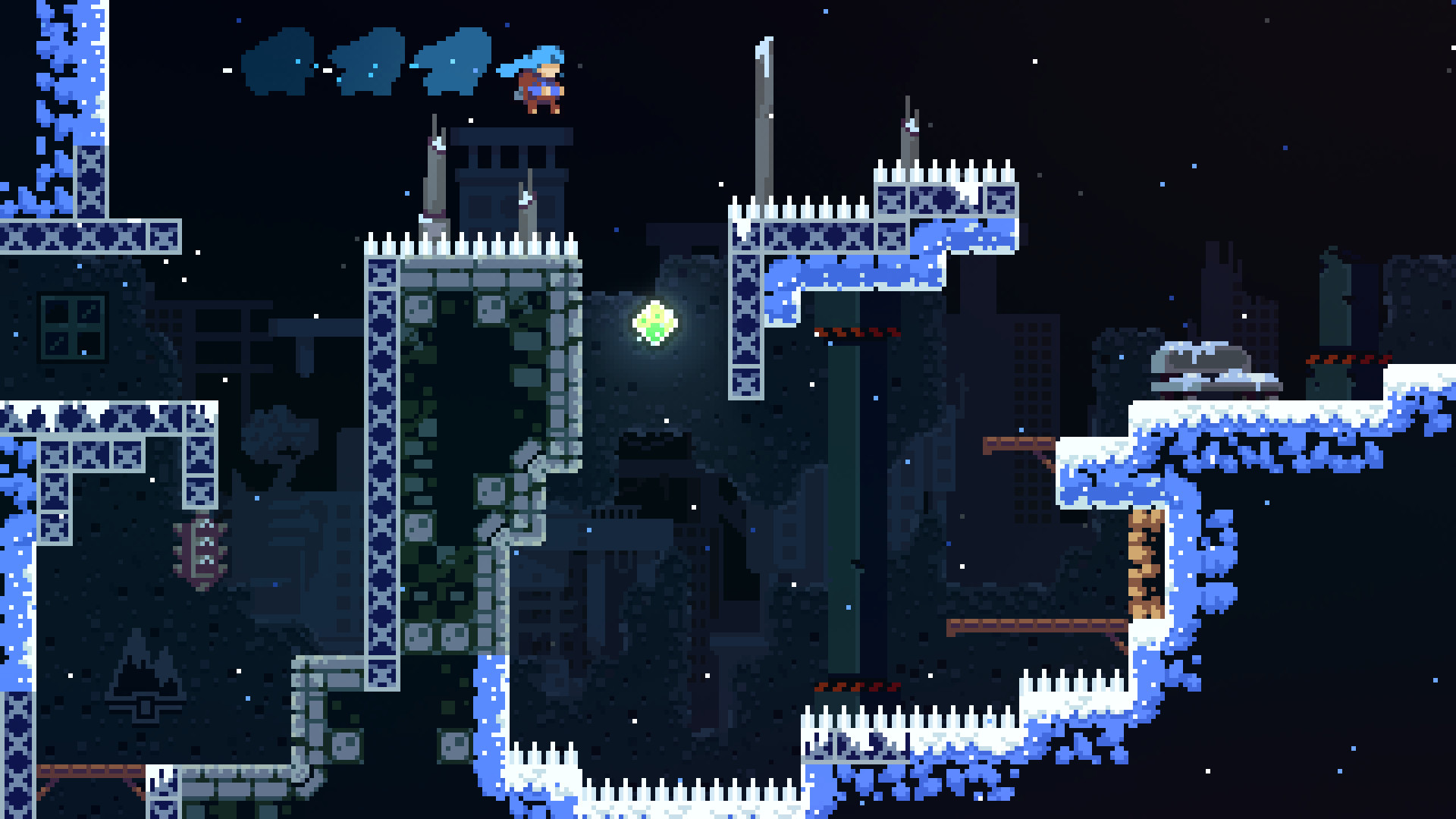 Celeste gameplay: Madeline leaping between snow-capped platforms studded with white spikes toward a glowing green dash crystal, against a dark starry night sky