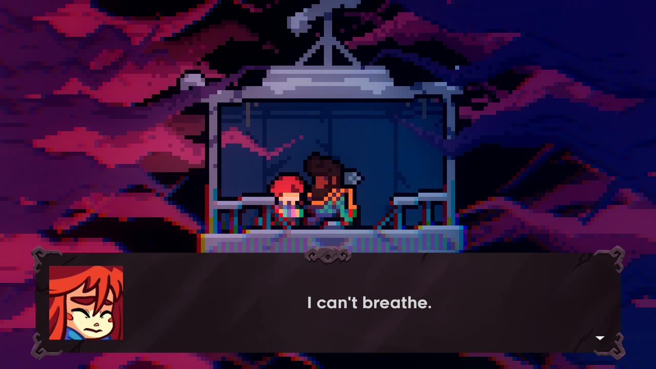 Celeste cutscene: Madeline and Theo huddled in a stalled mountain gondola against a churning red sky, captioned "I can't breathe."