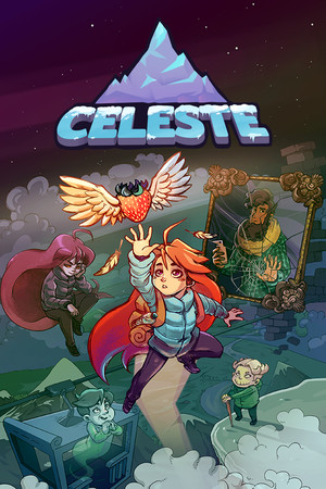 Celeste cover art: Madeline reaching for a strawberry as she leaps up the mountain, surrounded by the characters she meets