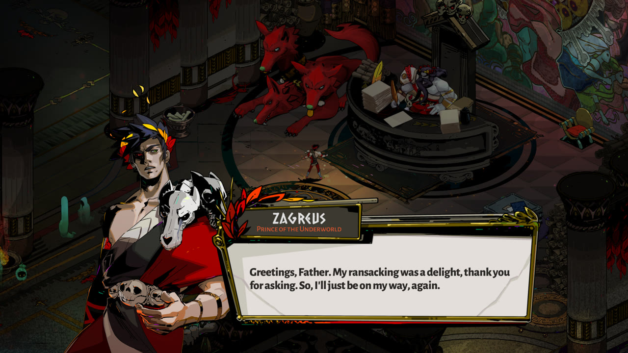 Hades gameplay: Prince Zagreus trading sarcastic words with his father in the House of Hades, the dialogue box open