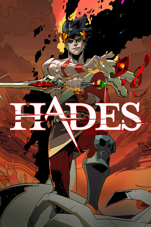 Hades cover art: Zagreus, the Prince of the Underworld, drawing a flaming bow against a blazing red backdrop