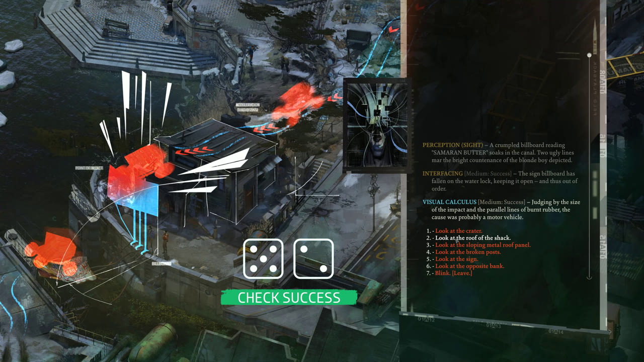 Disco Elysium gameplay: a skill check mid-roll, two dice cast while Perception, Interfacing and Visual Calculus chime in with their readings