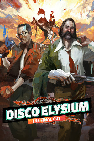 Disco Elysium: The Final Cut cover art: detectives Harrier Du Bois and Kim Kitsuragi against a painterly, burning skyline