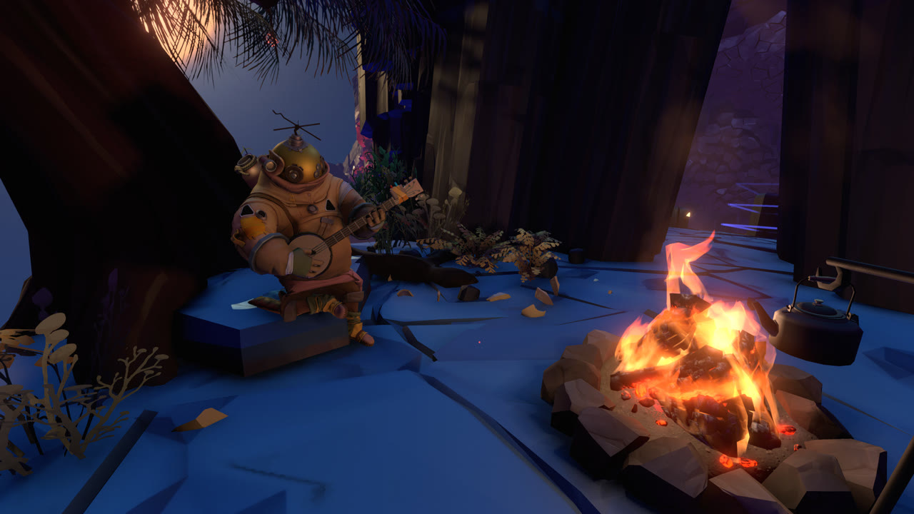Outer Wilds gameplay: a Hearthian traveller strumming a banjo beside a campfire in a dim rocky hollow