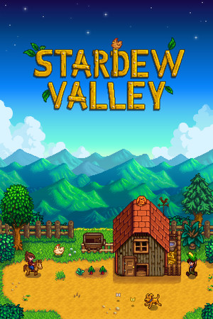 Stardew Valley cover art: a pixel-art farm with a cabin, tilled crops and animals beneath rolling blue mountains