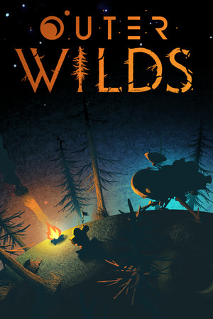 Outer Wilds cover art: a crackling campfire among pine trees on a cliff edge, beneath a hazy rising sun