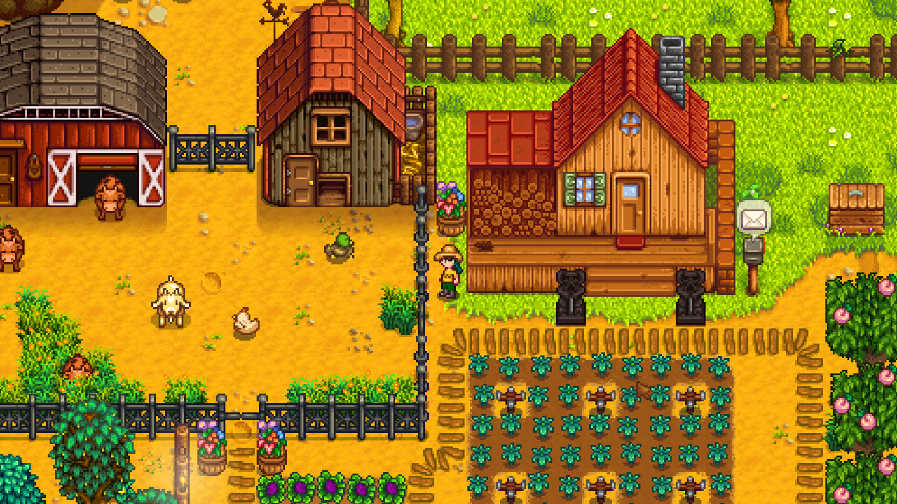 Stardew Valley gameplay: a well-kept farm with rows of crops, a red-roofed barn, free-range chickens and a cabin