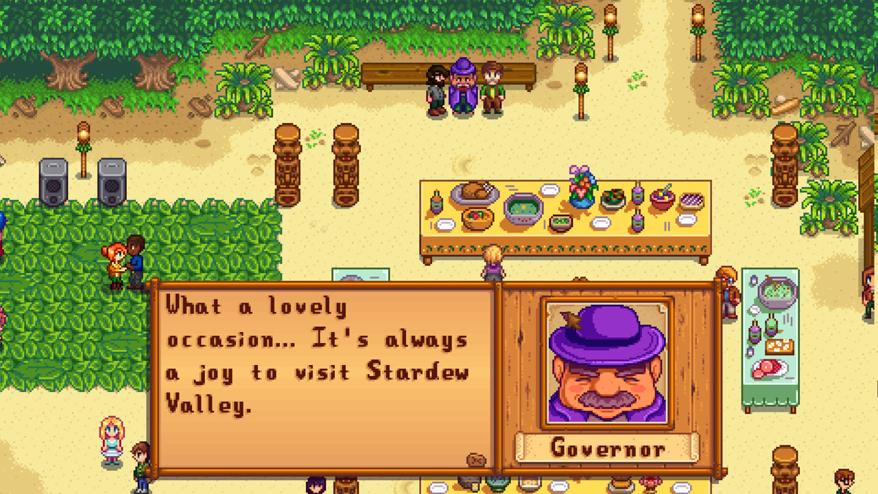 Stardew Valley gameplay: the summer Luau festival on the beach, townsfolk gathered around a long table as the Governor speaks