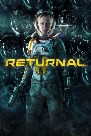 Returnal cover art: astronaut Selene in a battered spacesuit, ringed by glowing alien egg-pods